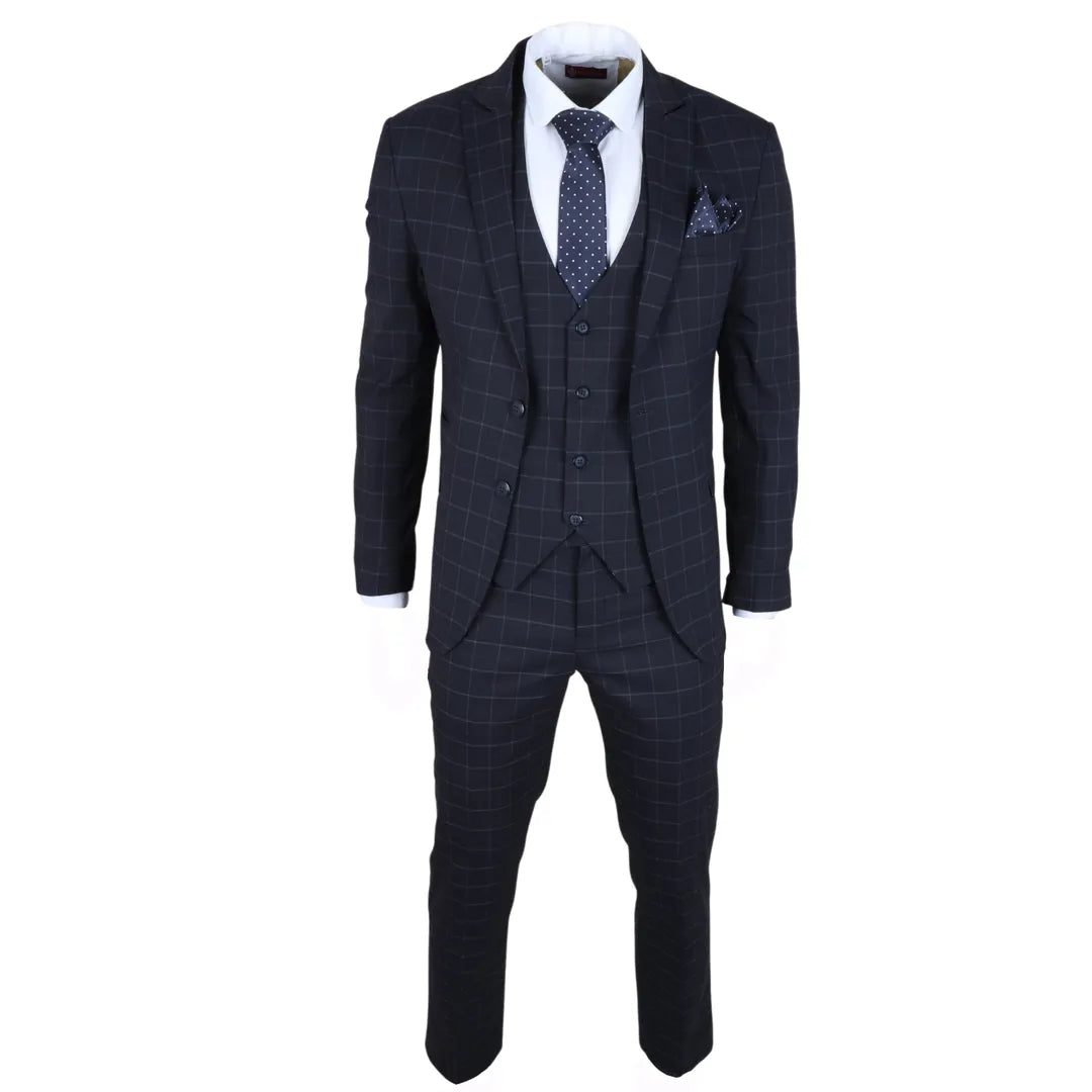 Men's Navy Checked Tailored Fit 3 Piece Suit