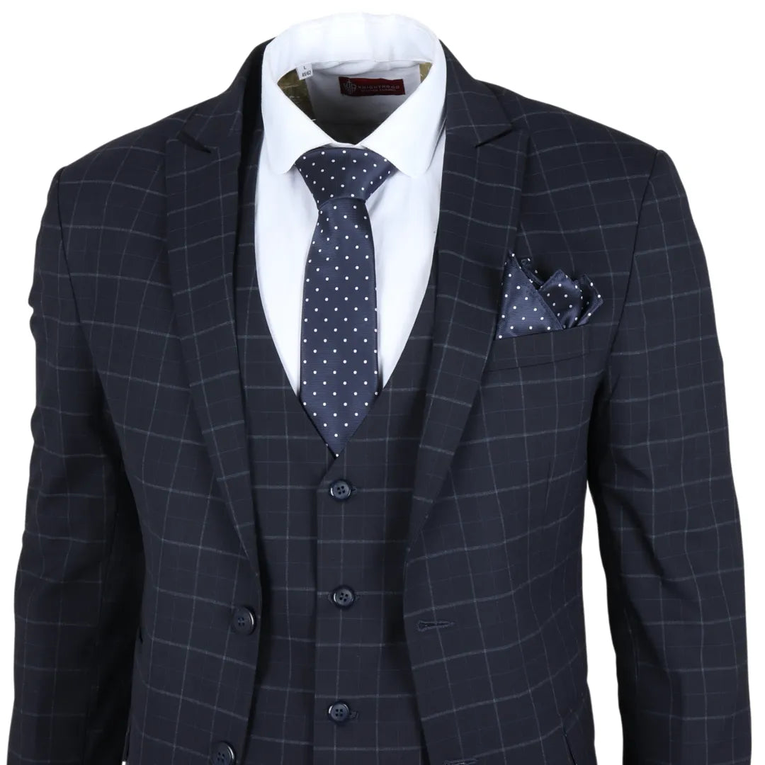 Men's Navy Checked Tailored Fit 3 Piece Suit