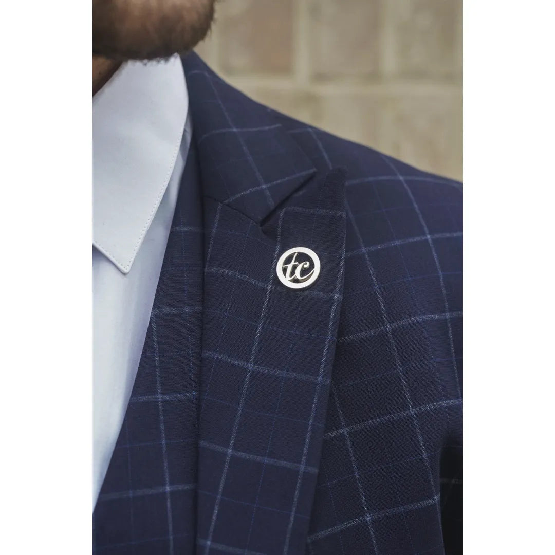 Men's Navy Checked Tailored Fit 3 Piece Suit