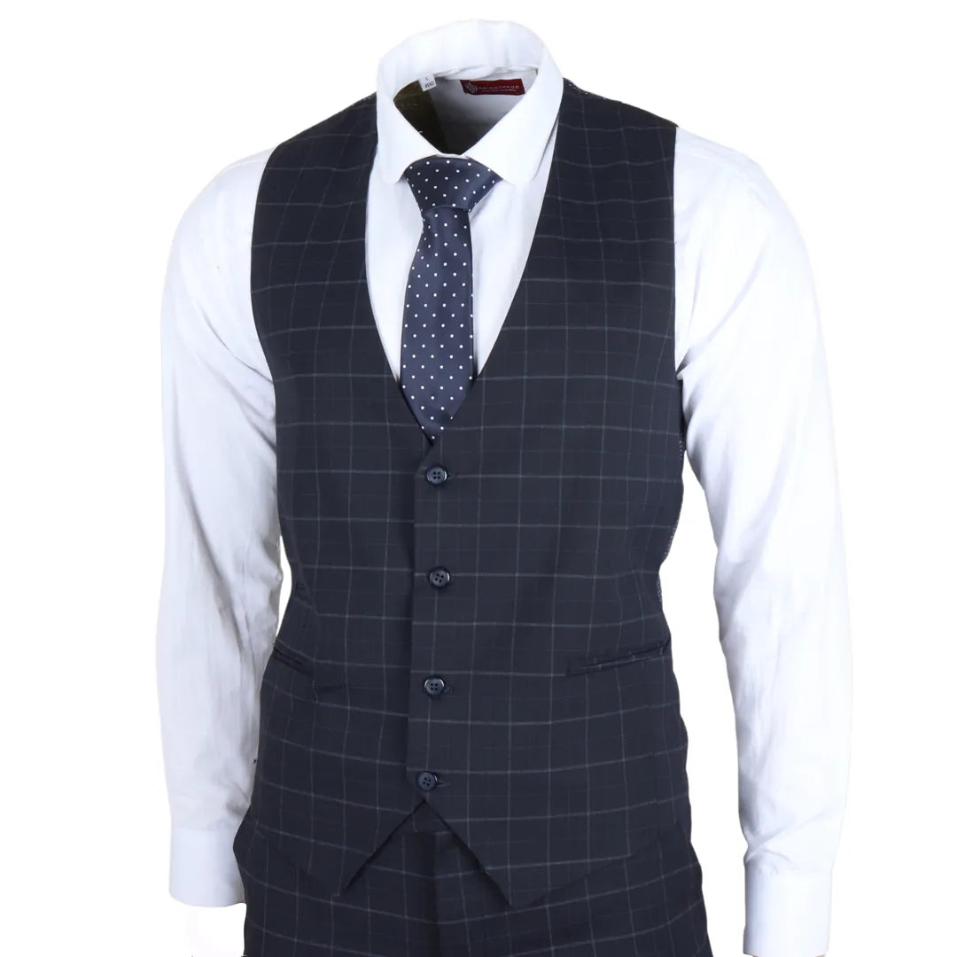 Men's Navy Checked Tailored Fit 3 Piece Suit