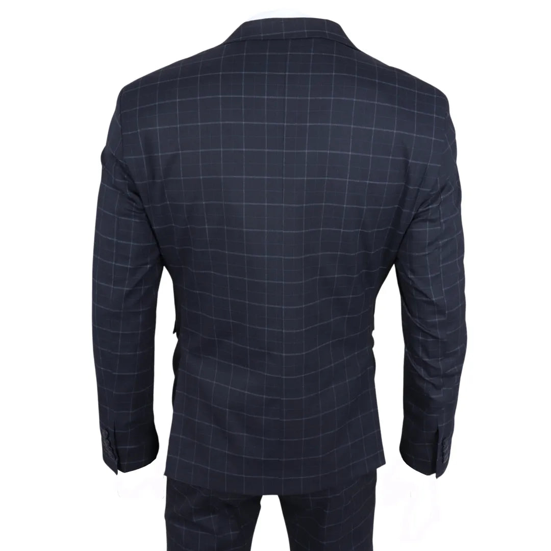Men's Navy Checked Tailored Fit 3 Piece Suit