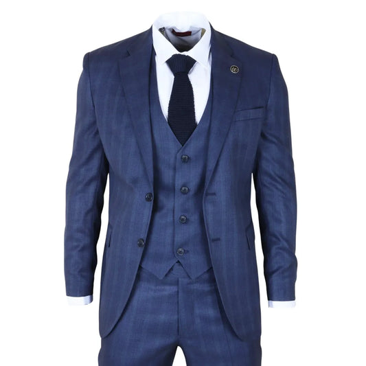 Men's Blue 3 Piece Prince of Wales Check Suit