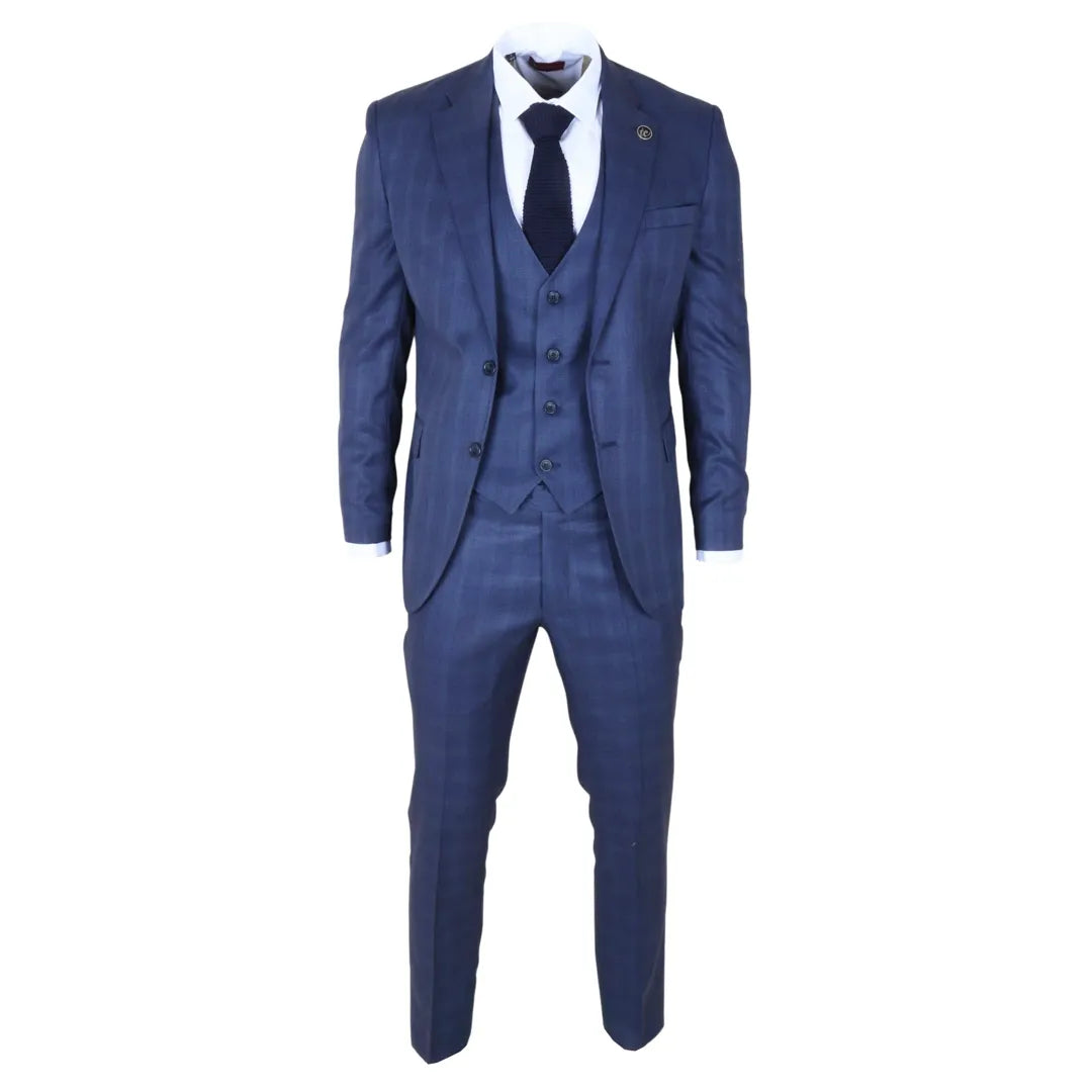 Men's Blue 3 Piece Prince of Wales Check Suit