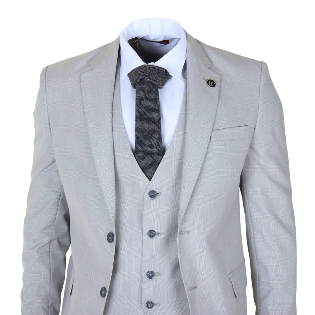 Men's Grey 3 Piece Prince of Wales Check Suit