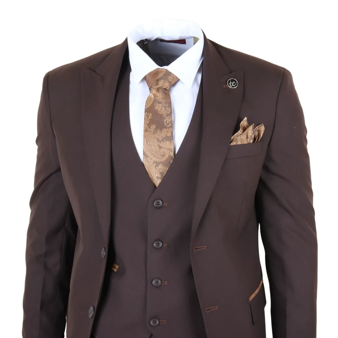 Men's Plain Dark Brown 3 Piece Suit