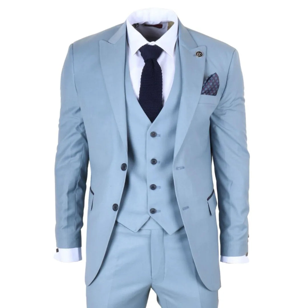 Men's Plain Turquoise Blue 3 Piece Suit