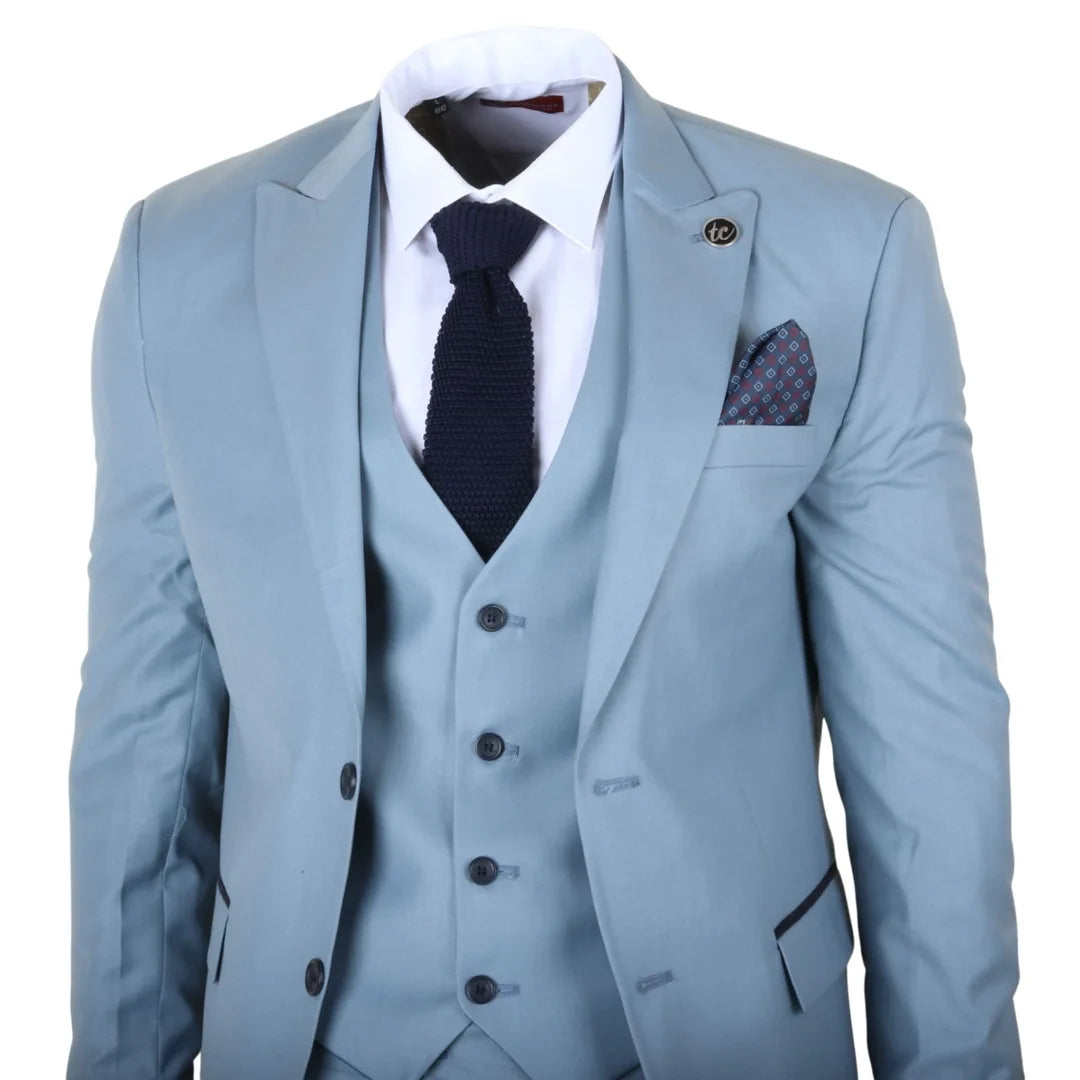 Men's Plain Turquoise Blue 3 Piece Suit