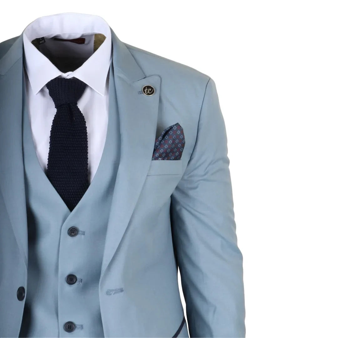 Men's Plain Turquoise Blue 3 Piece Suit