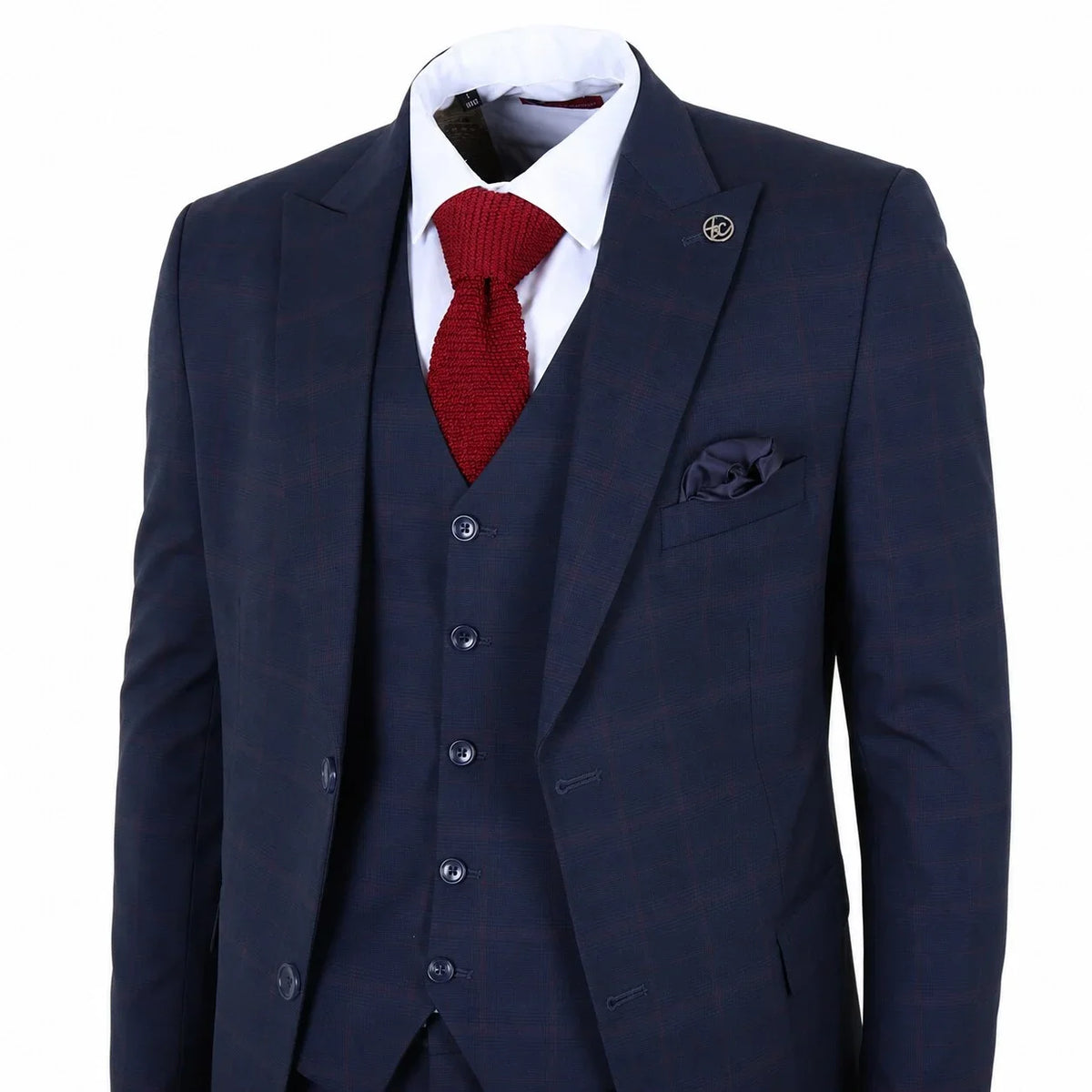 Men's Navy Blue Check Tailored Fit 3 Piece Suit by TruClothing