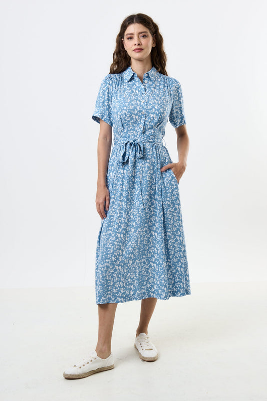 Inesa Negative Floral Print Short Sleeve Midi Shirt Dress - Blue - Bascora