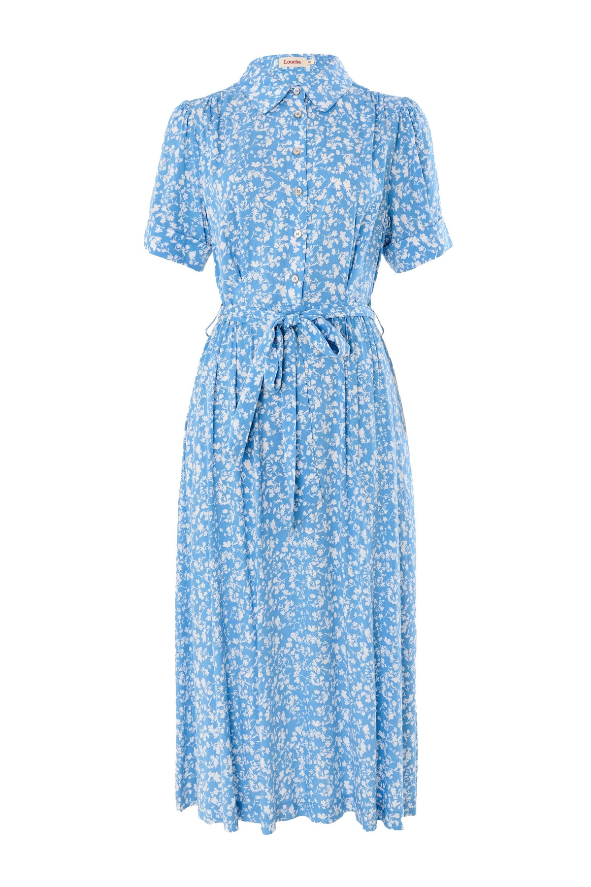Inesa Negative Floral Print Short Sleeve Midi Shirt Dress - Blue - Bascora