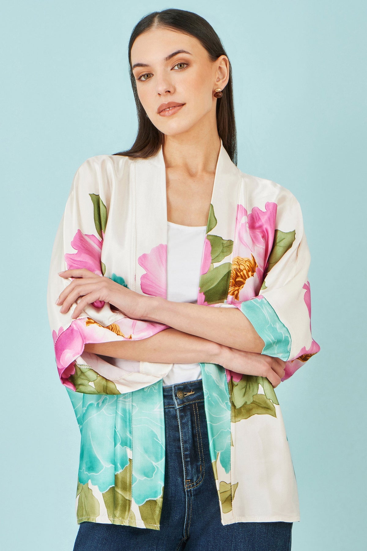 Ivory Floral Print Relaxed Kimono - Bascora
