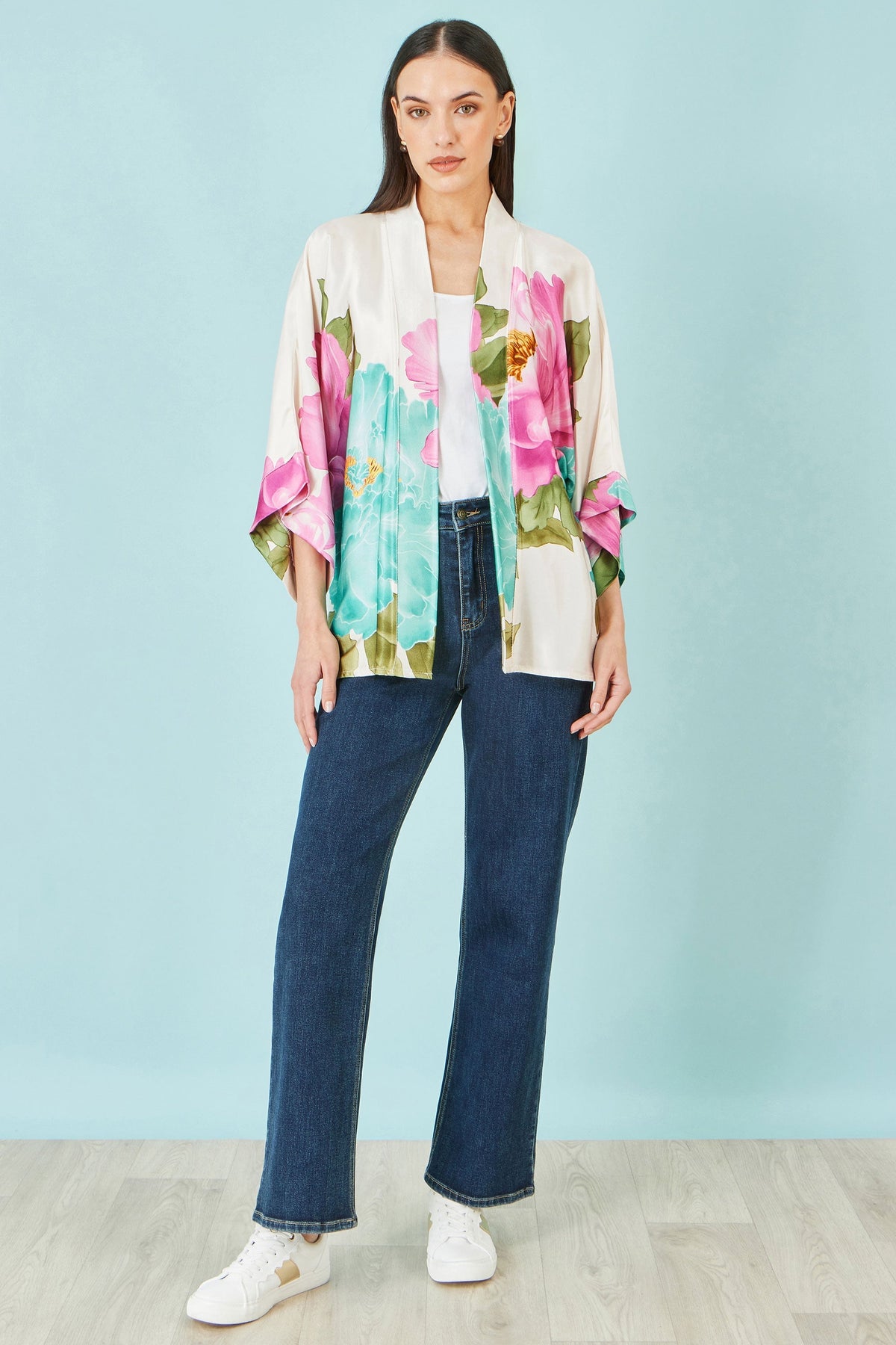 Ivory Floral Print Relaxed Kimono - Bascora