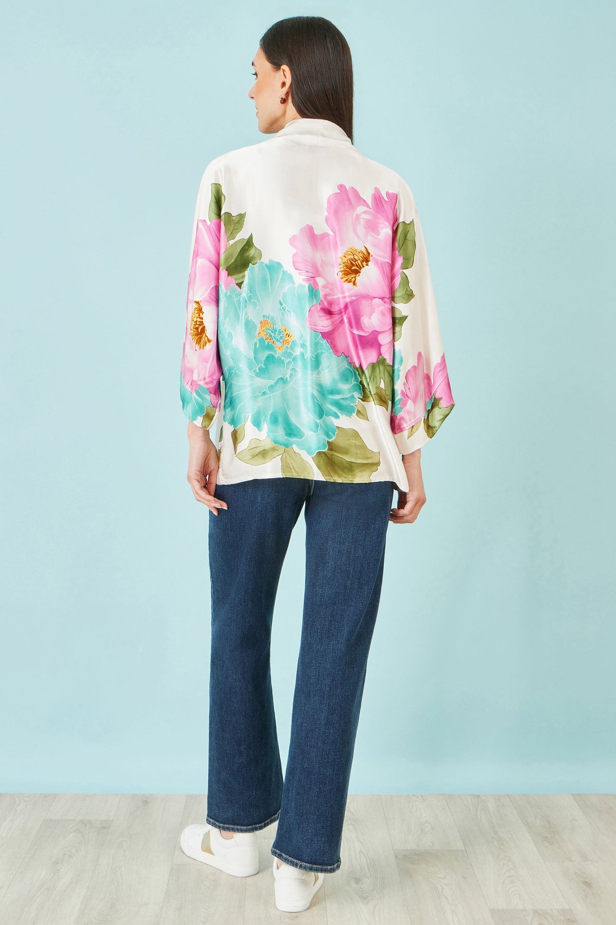 Ivory Floral Print Relaxed Kimono - Bascora