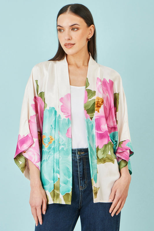 Ivory Floral Print Relaxed Kimono - Bascora