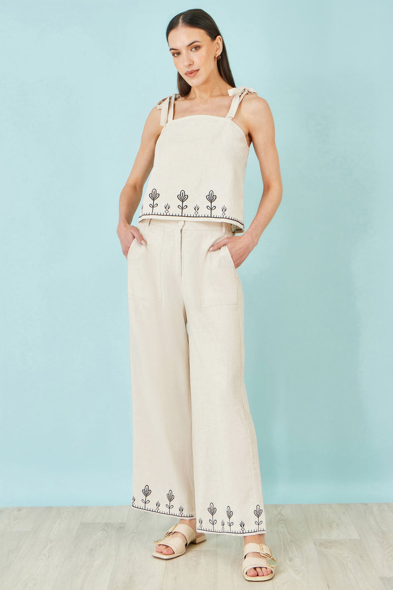 Ivory Linen Mix Embroirdered Trousers - Bascora