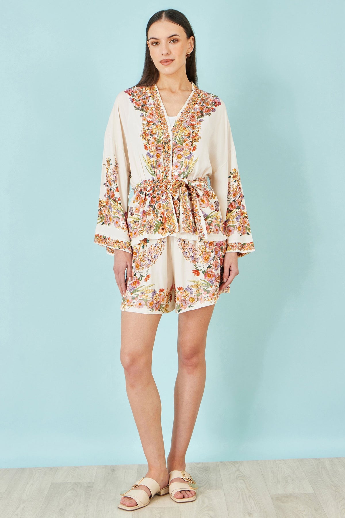 Ivory Viscose Floral Border Kimono With Tie Belt - Bascora