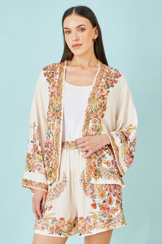 Ivory Viscose Floral Border Kimono With Tie Belt - Bascora