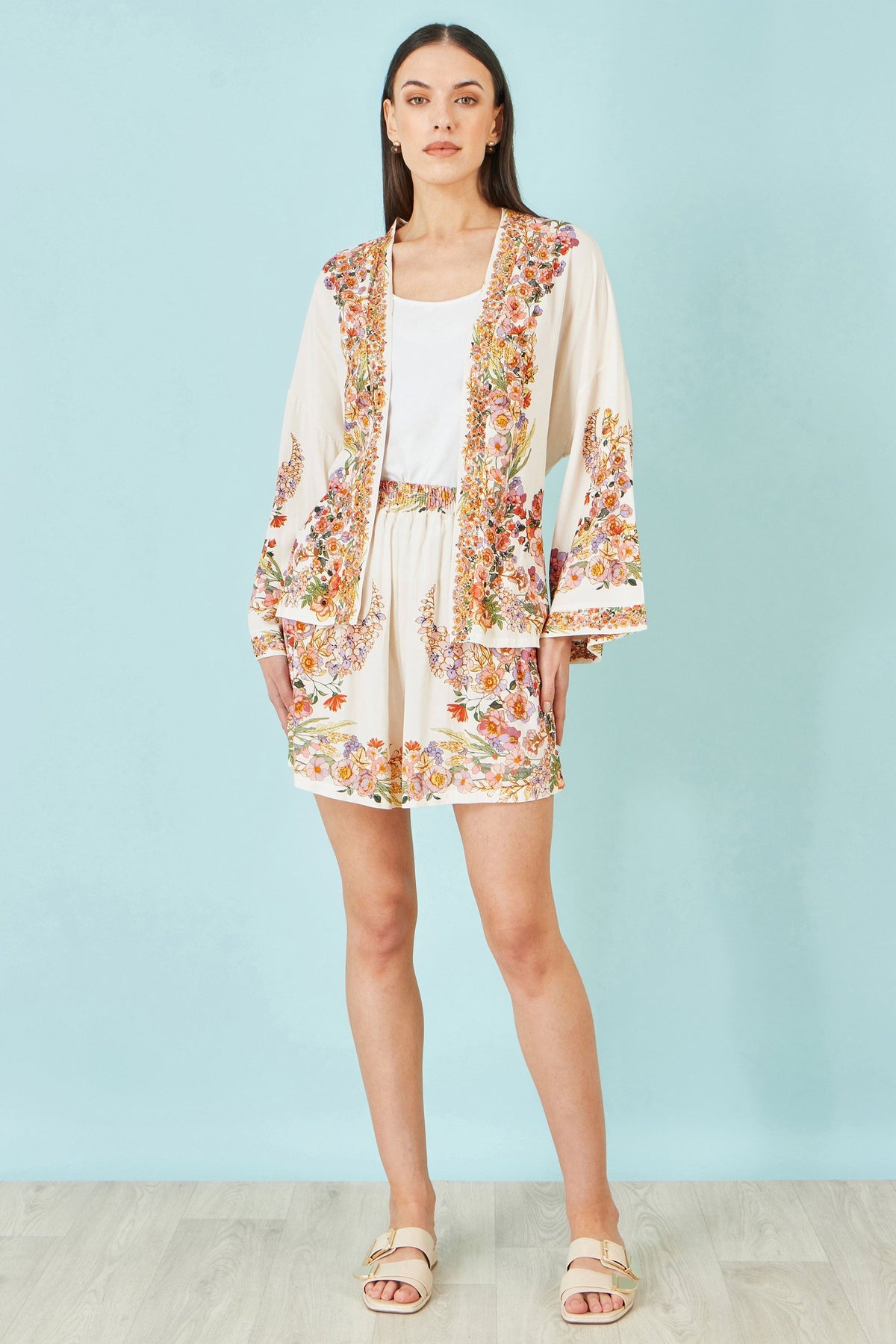 Ivory Viscose Floral Border Kimono With Tie Belt - Bascora