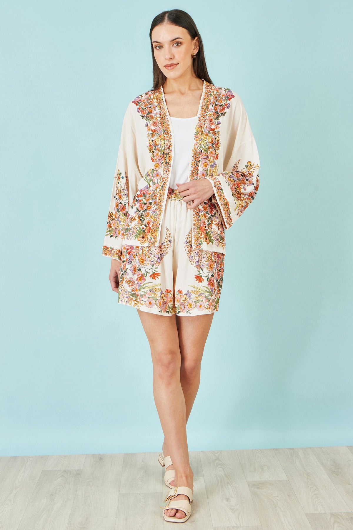 Ivory Viscose Floral Border Kimono With Tie Belt - Bascora