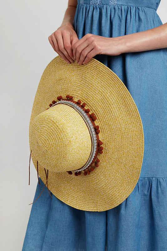 January Large Brim Straw Hat With Pom Trim - Bascora