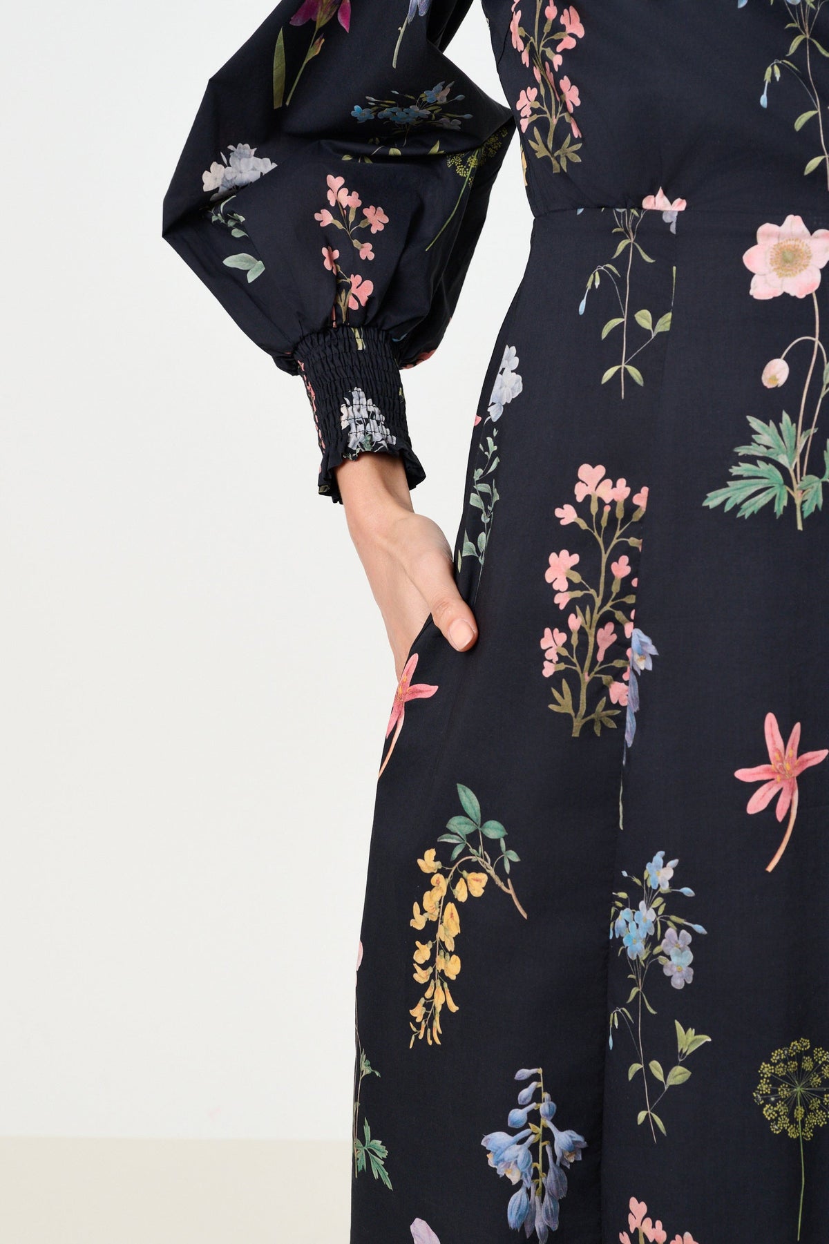 Jessie Flower Press Print Frill Neck Midi Dress - Bascora