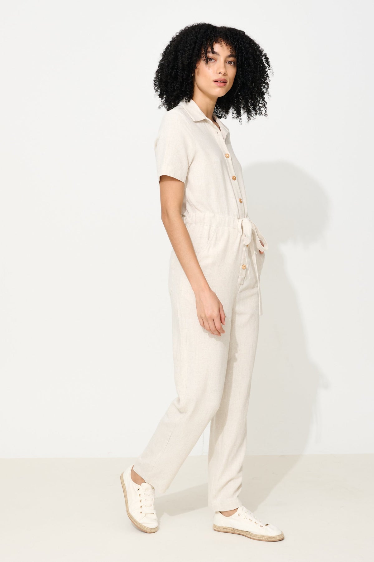 Justin Linen Mix Short Sleeve Jumpsuit – Natural - Bascora