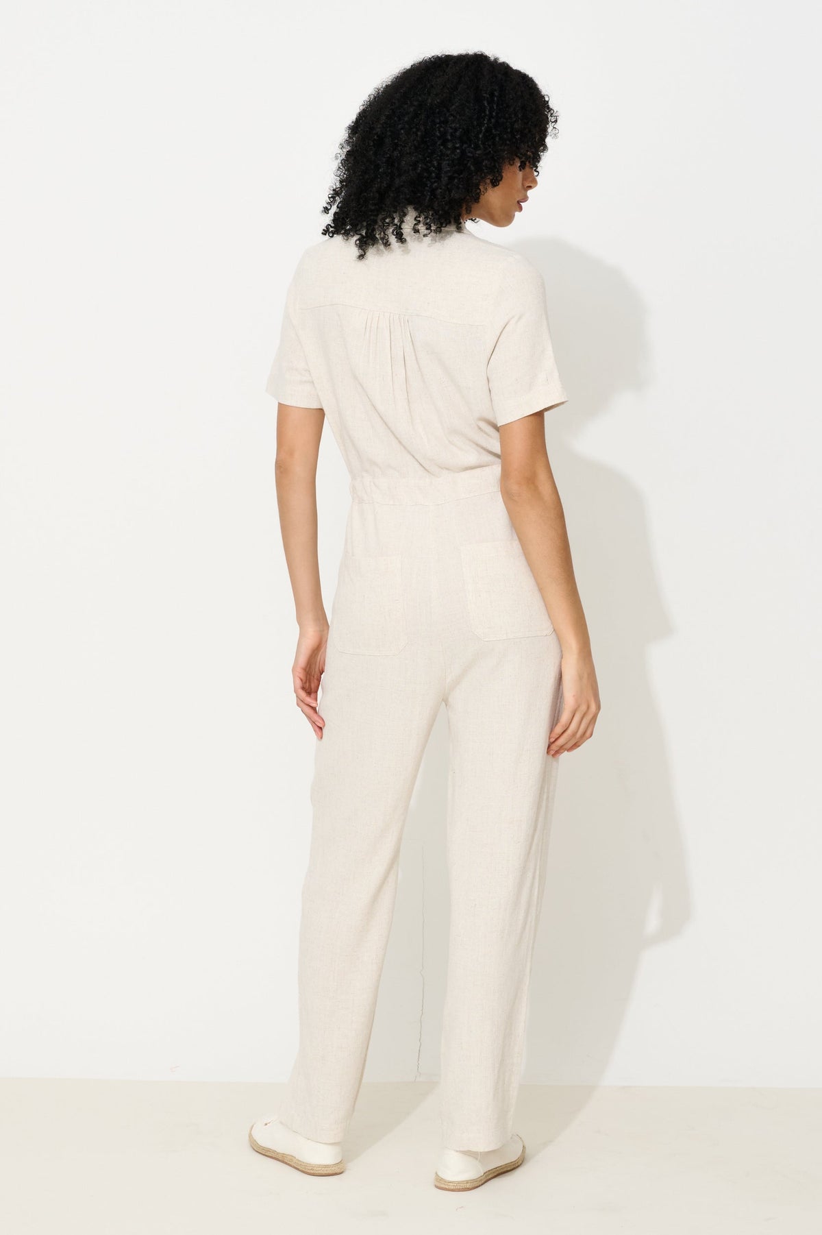Justin Linen Mix Short Sleeve Jumpsuit – Natural - Bascora