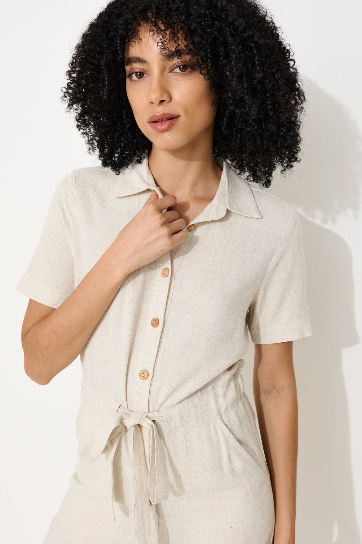 Justin Linen Mix Short Sleeve Jumpsuit – Natural - Bascora