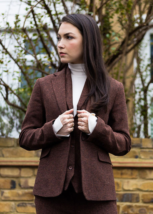 Women's Rust Brown Herringbone Wool Tweed Suit with Blazer, Trousers and Waistcoat