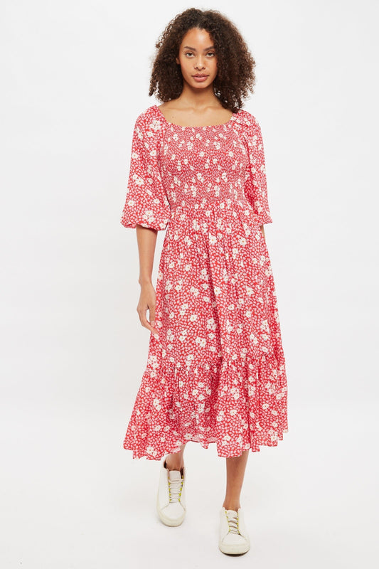 Loe Roaring Daisy Print Shirred Bodice Midi Dress - Bascora