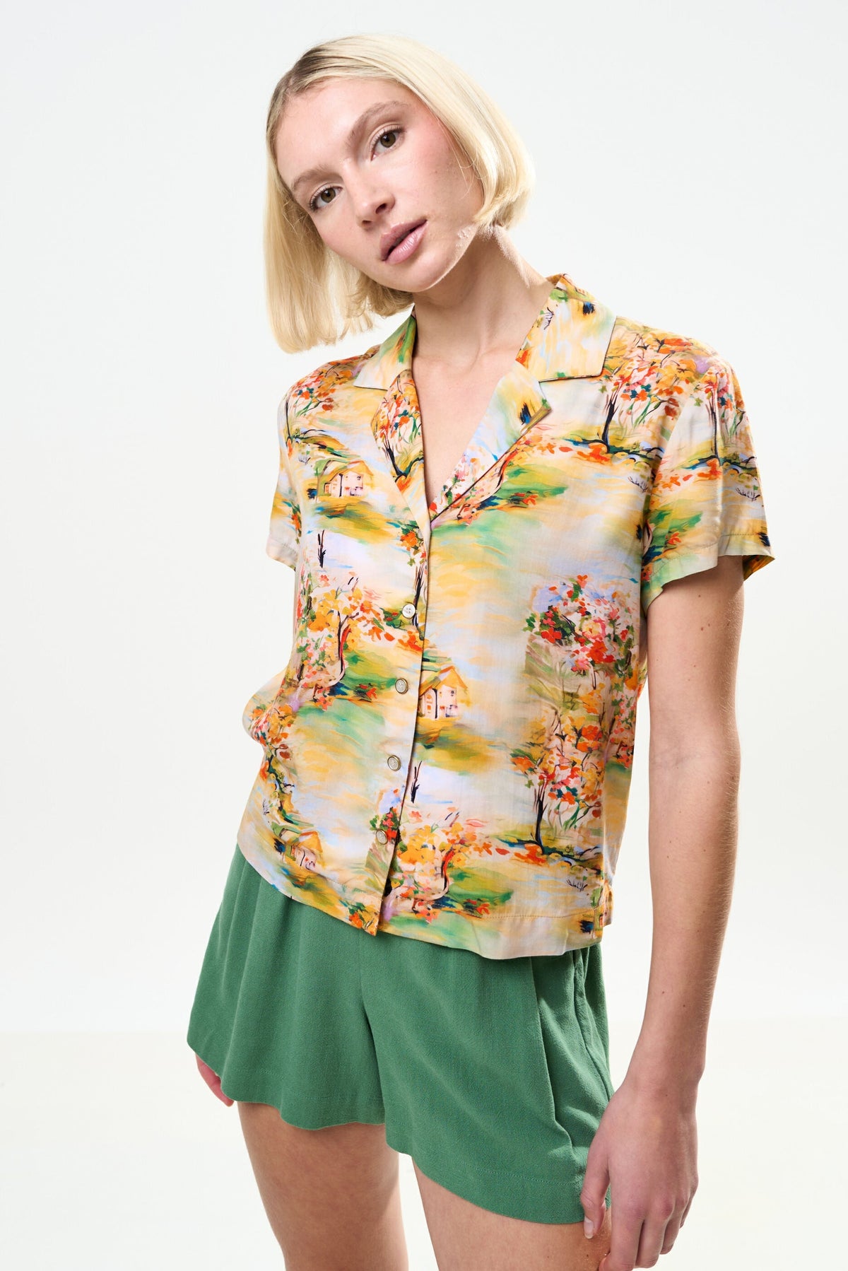 Marika Oriental Landscape Print Resort Shirt – Yellow - Bascora
