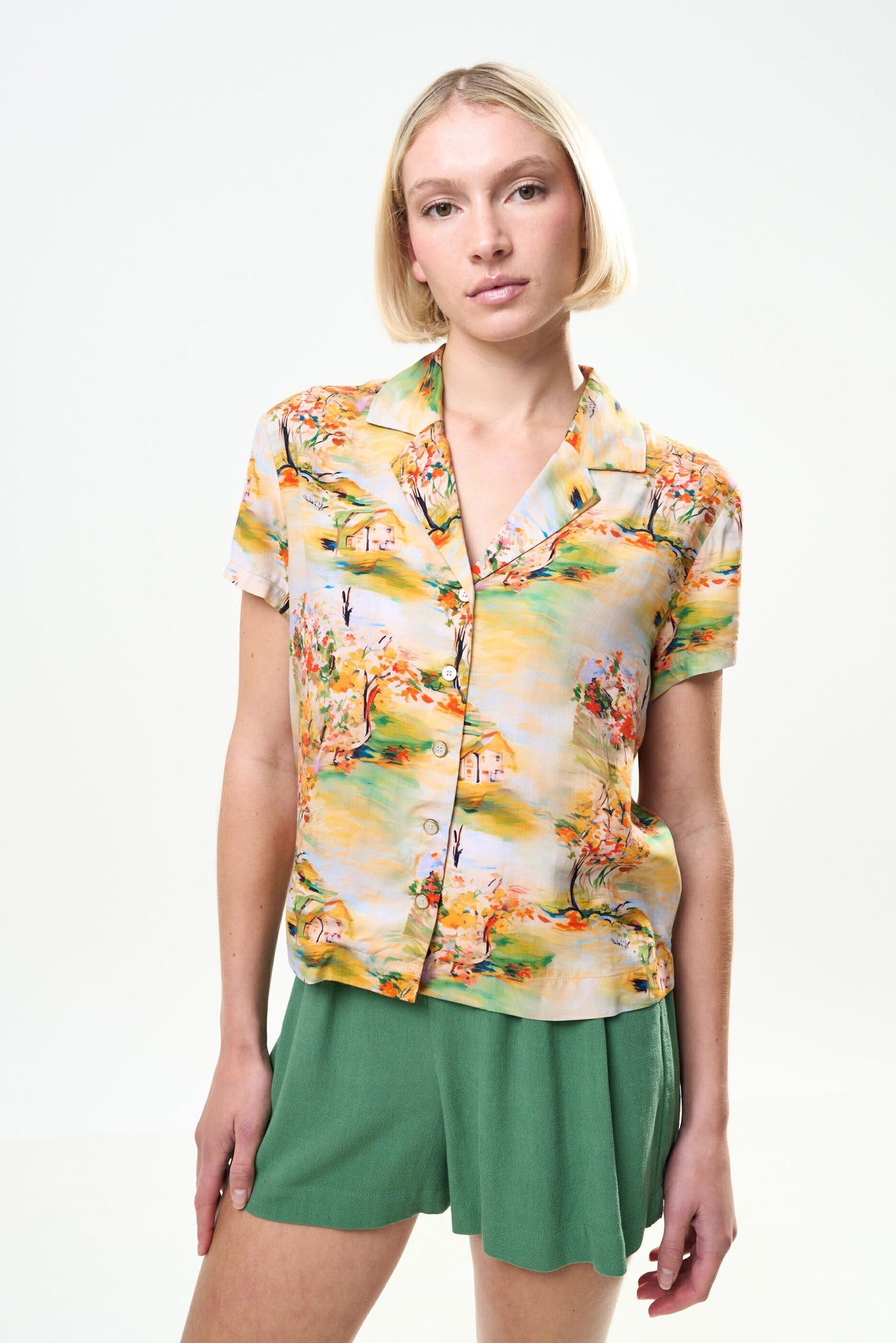 Marika Oriental Landscape Print Resort Shirt – Yellow - Bascora