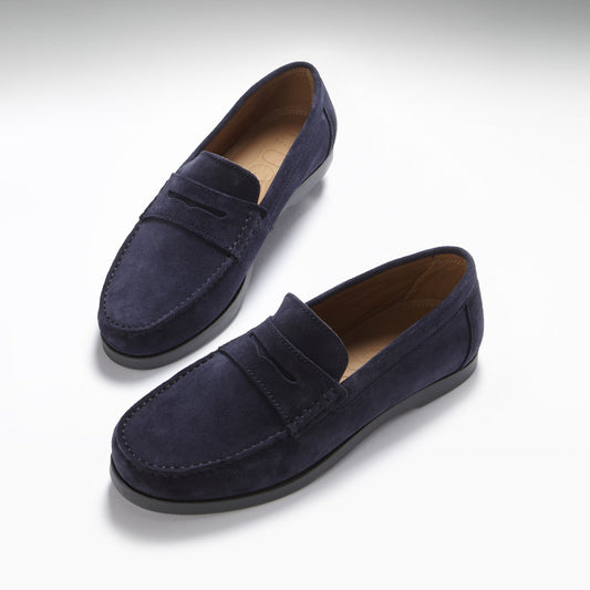 Hugs & Co. Navy Blue Italian Suede Boat Loafers with Rubber Sole for Men