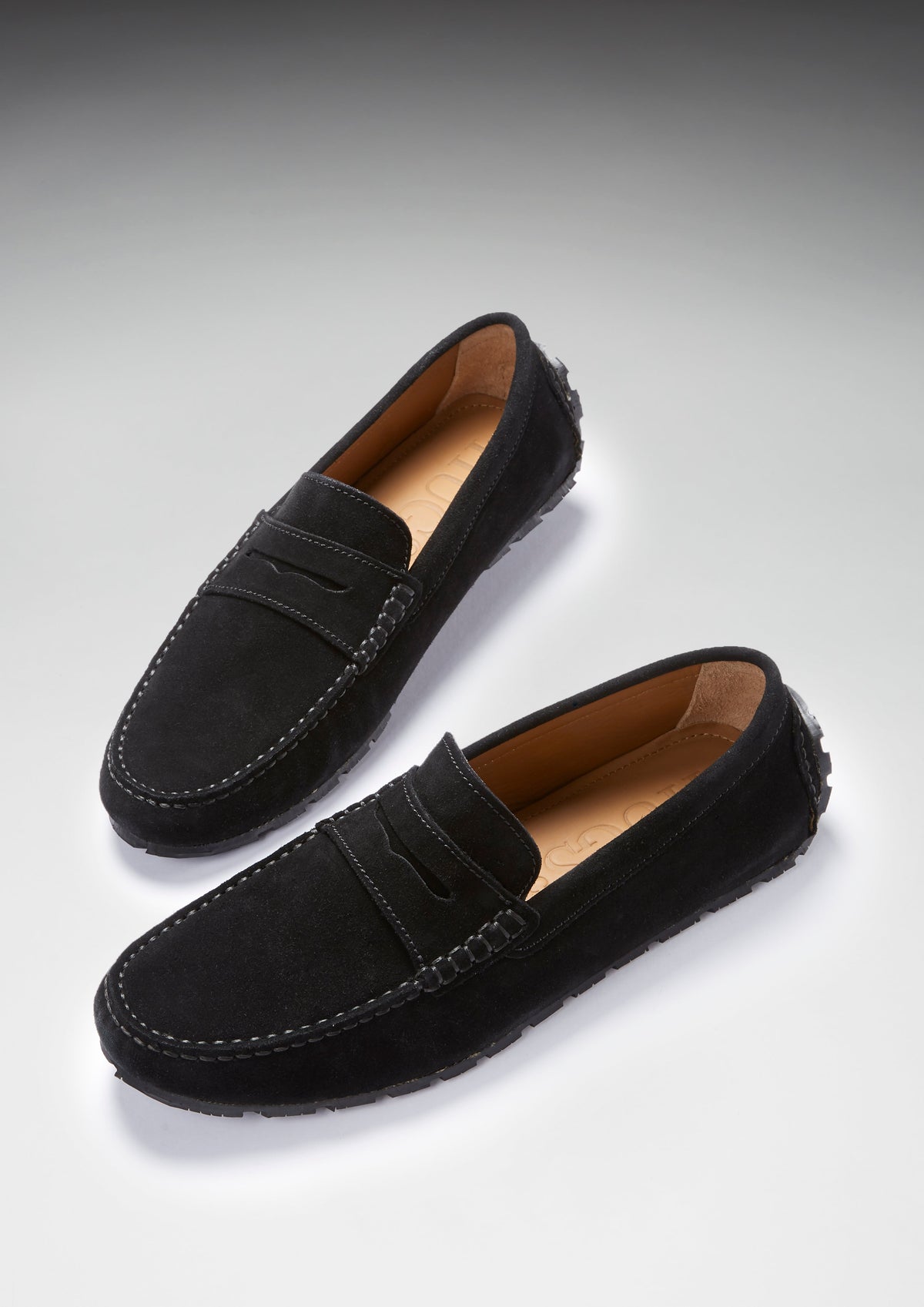 Hugs & Co. TS1 Black Suede Penny Driving Loafers with Upcycled Tyre Sole