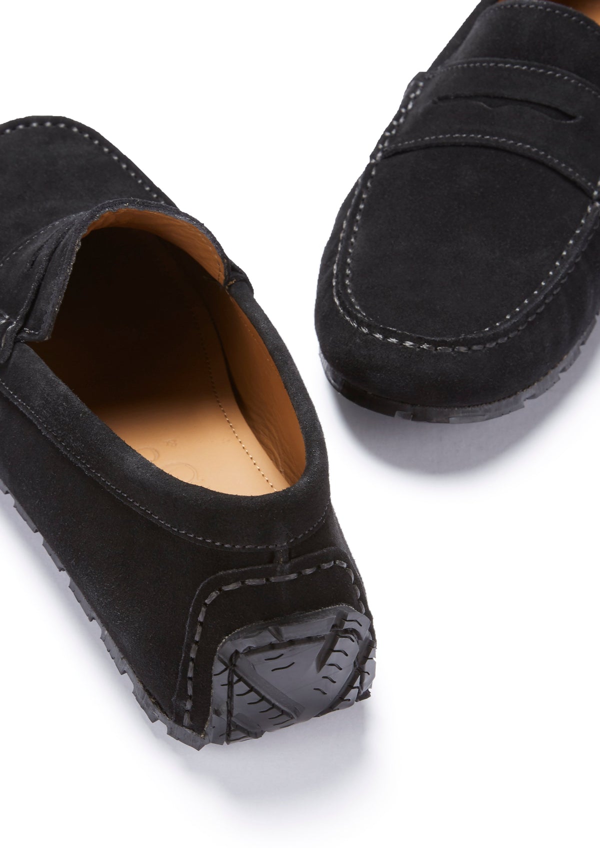 Hugs & Co. TS1 Black Suede Penny Driving Loafers with Upcycled Tyre Sole