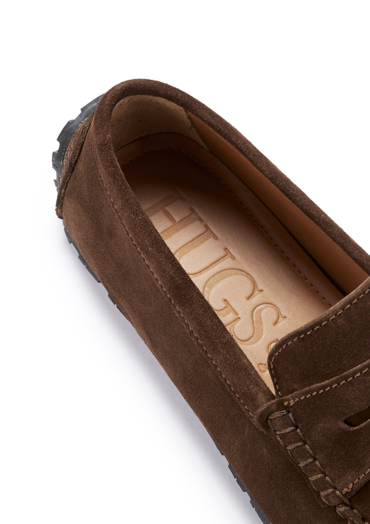 Hugs & Co. TS1 Brown Suede Penny Driving Loafers with Upcycled Tyre Sole