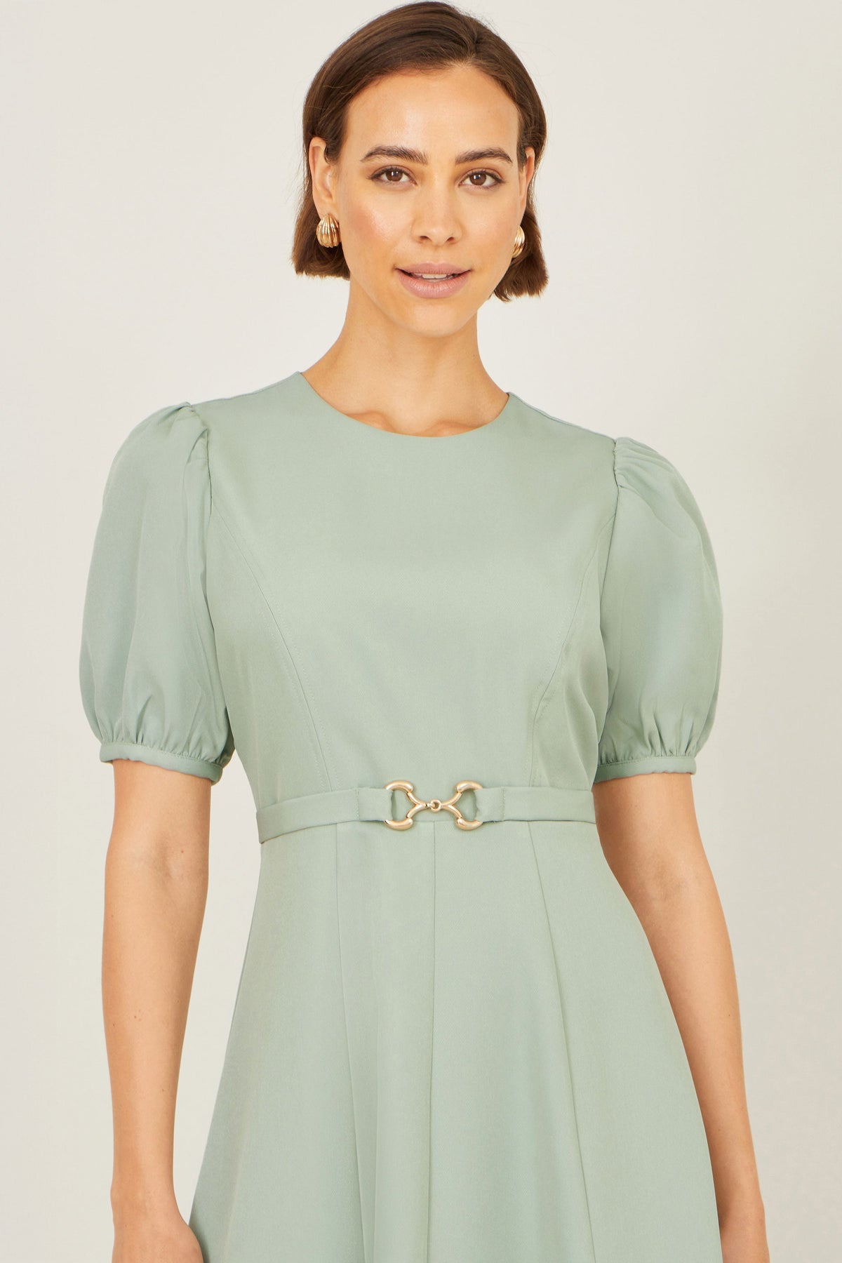 Mint Skater Dress With Puff Sleeves And Buckle Detail - Bascora