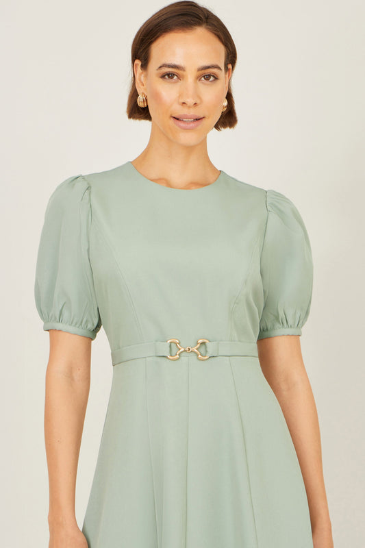 Mint Skater Dress With Puff Sleeves And Buckle Detail - Bascora