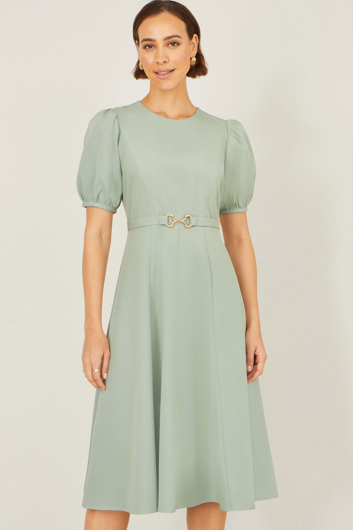 Mint Skater Dress With Puff Sleeves And Buckle Detail - Bascora