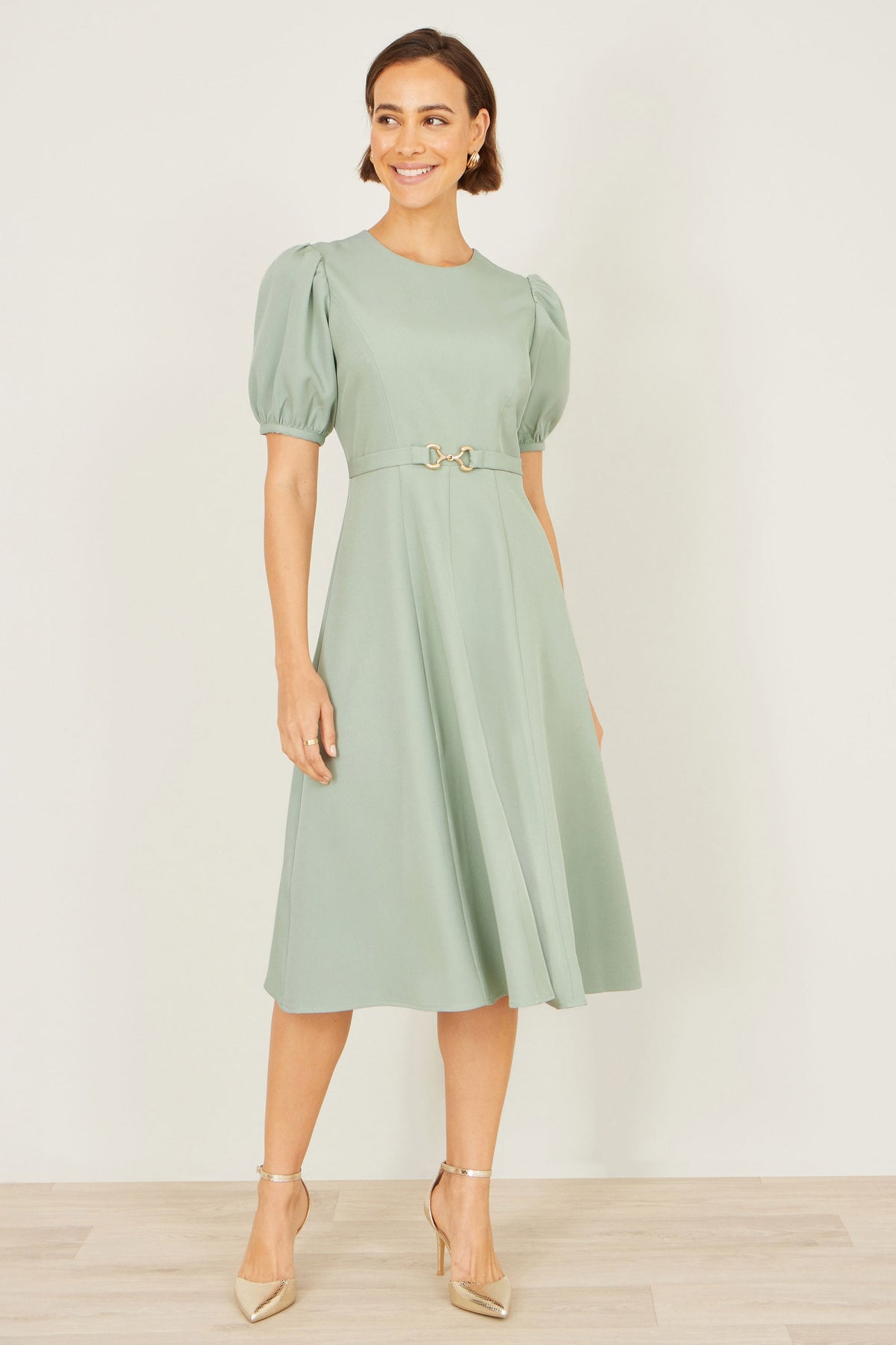 Mint Skater Dress With Puff Sleeves And Buckle Detail - Bascora