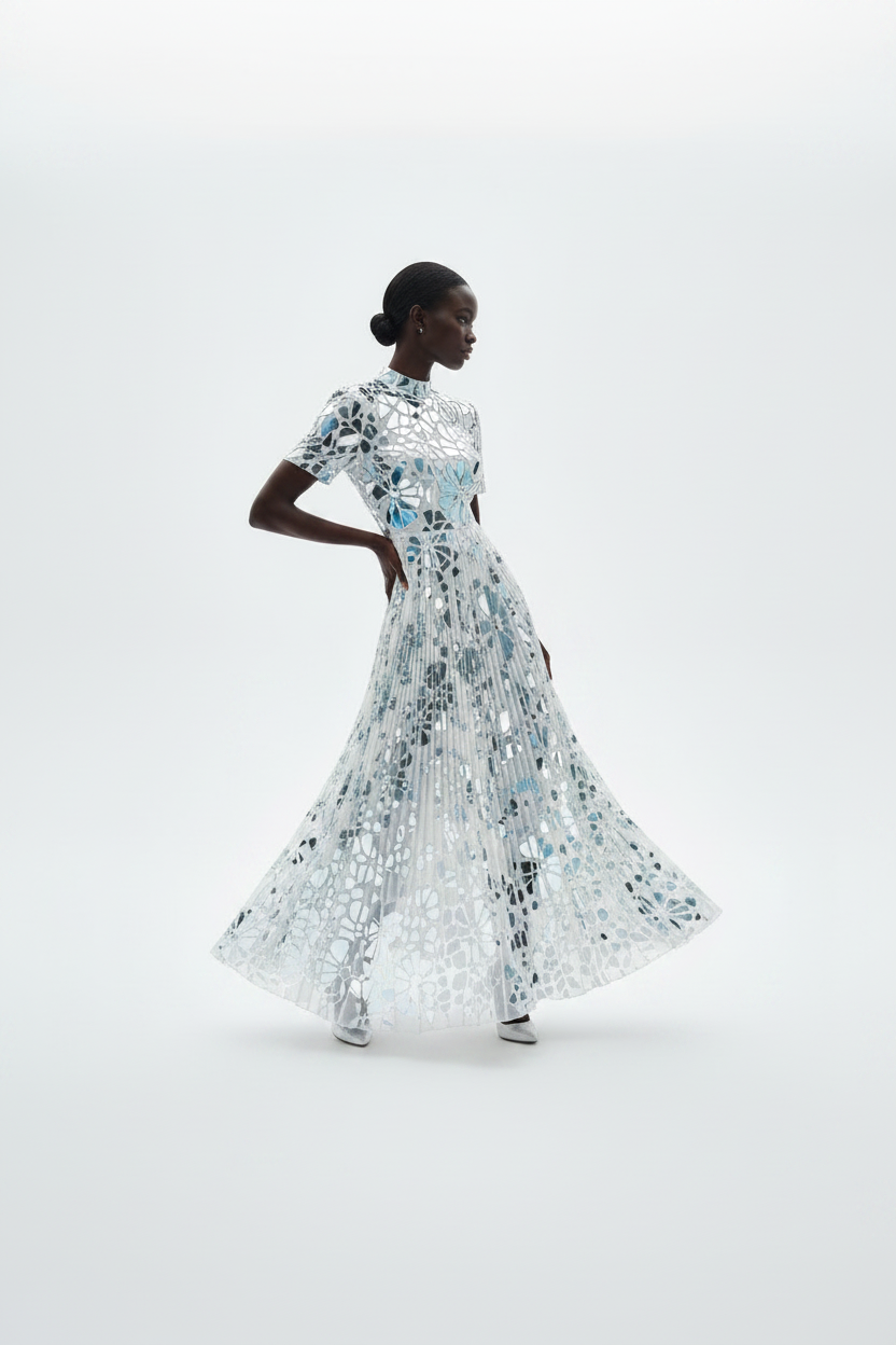 Mirror Floral White Pleated Midi Dress – Black Model v2
