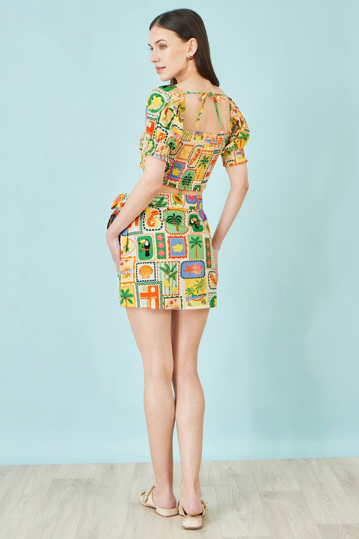 Multicolour Cropped Shirred Cotton Postcard Print Top - Bascora