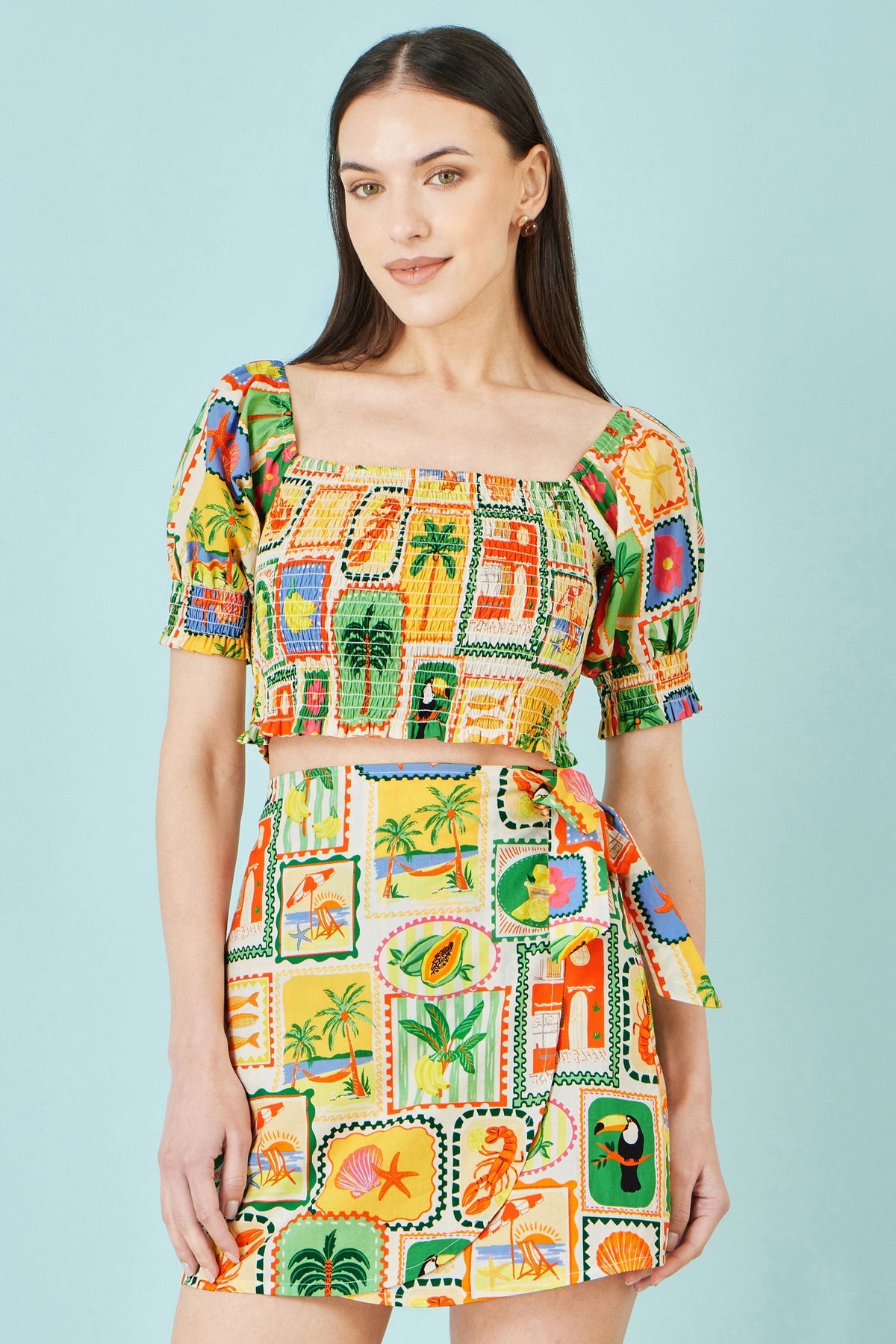 Multicolour Cropped Shirred Cotton Postcard Print Top - Bascora