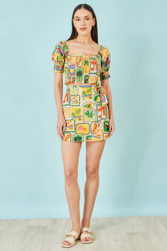 Multicolour Postcard Print Cotton Wrap Skirt - Bascora
