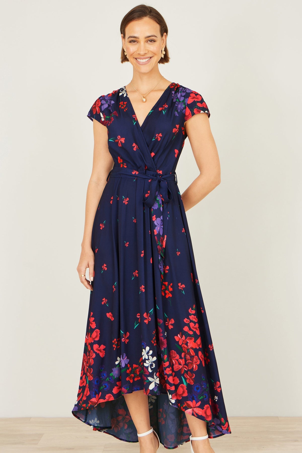 Navy Floral Mirror Wrap Dress With Dip Hem - Bascora