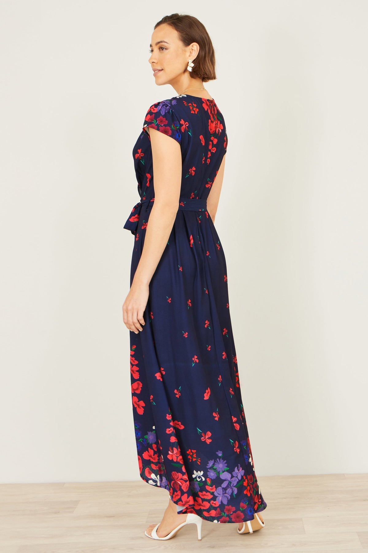 Navy Floral Mirror Wrap Dress With Dip Hem - Bascora