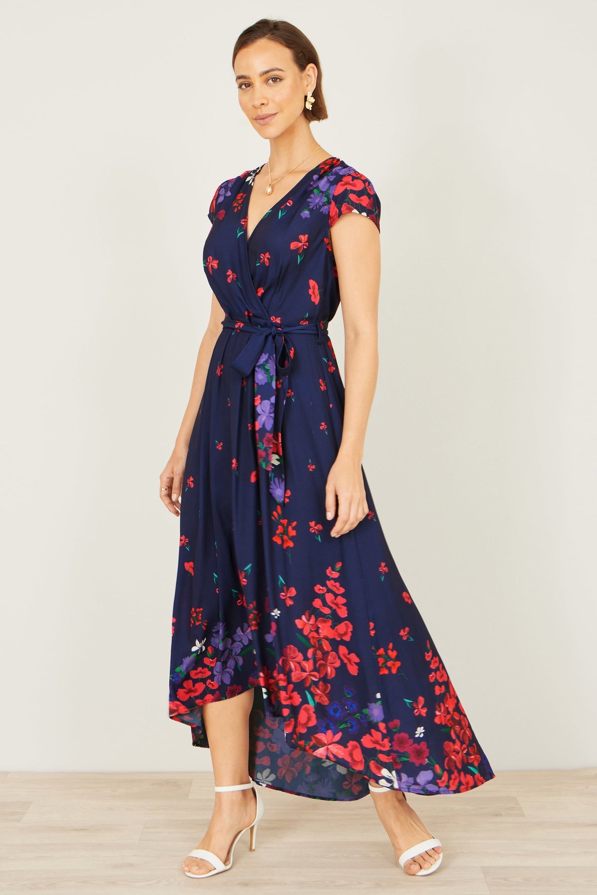Navy Floral Mirror Wrap Dress With Dip Hem - Bascora