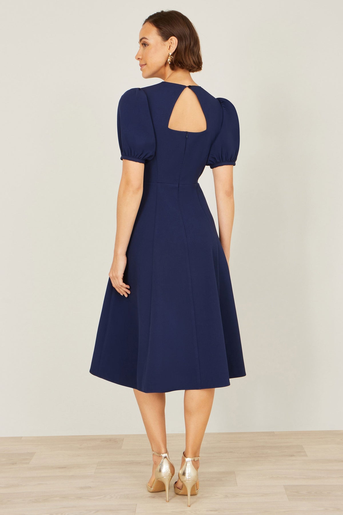 Navy Skater Dress With Puff Sleeves And Buckle Detail - Bascora