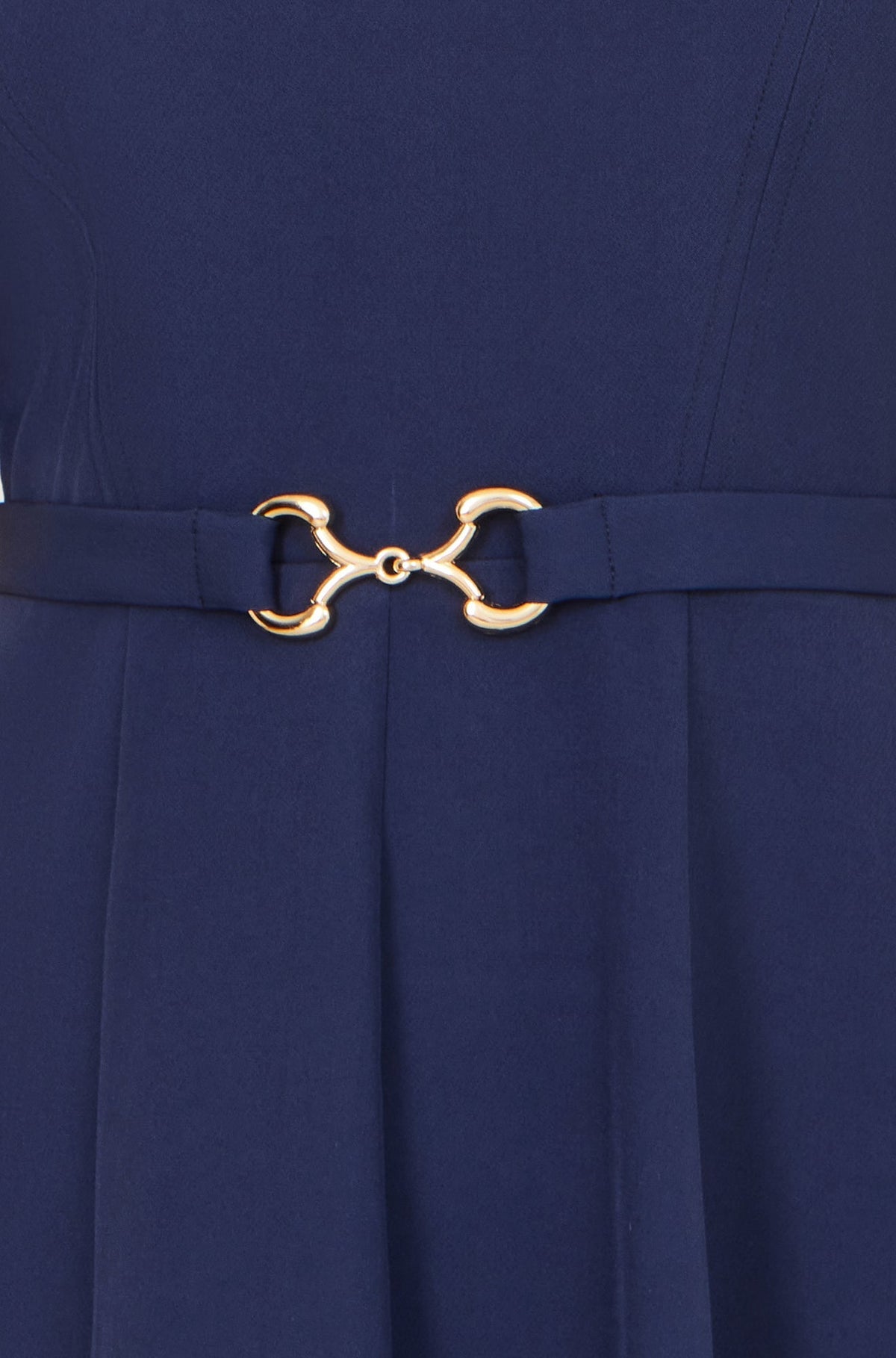 Navy Skater Dress With Puff Sleeves And Buckle Detail - Bascora